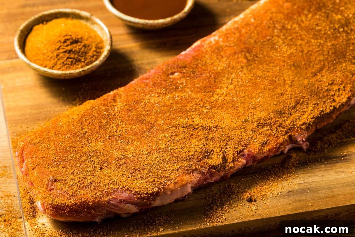a slab of st louis style ribs on a cutting board covered in a spice rub, for step 2 in how to cook ribs in the oven