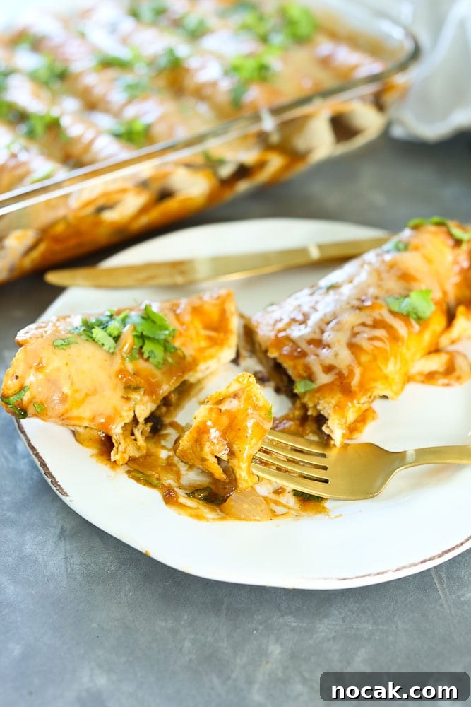 Butternut Squash Black Bean Enchiladas with a bite taken out.