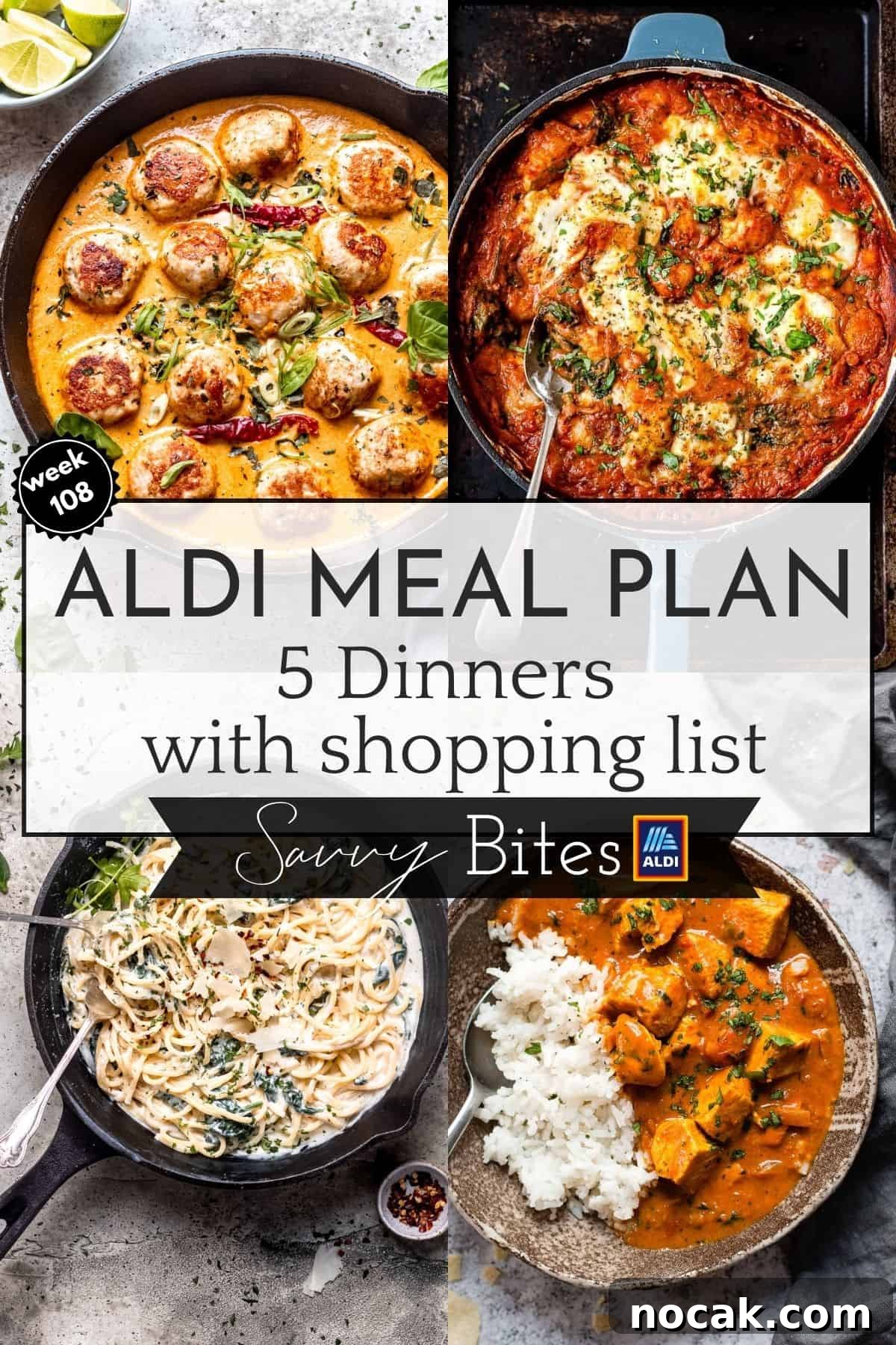 Affordable Weekly Family Meal Plan: 7 Dinners for Less Than $108 2 Aldi budget meal plan week 108 photo collage.