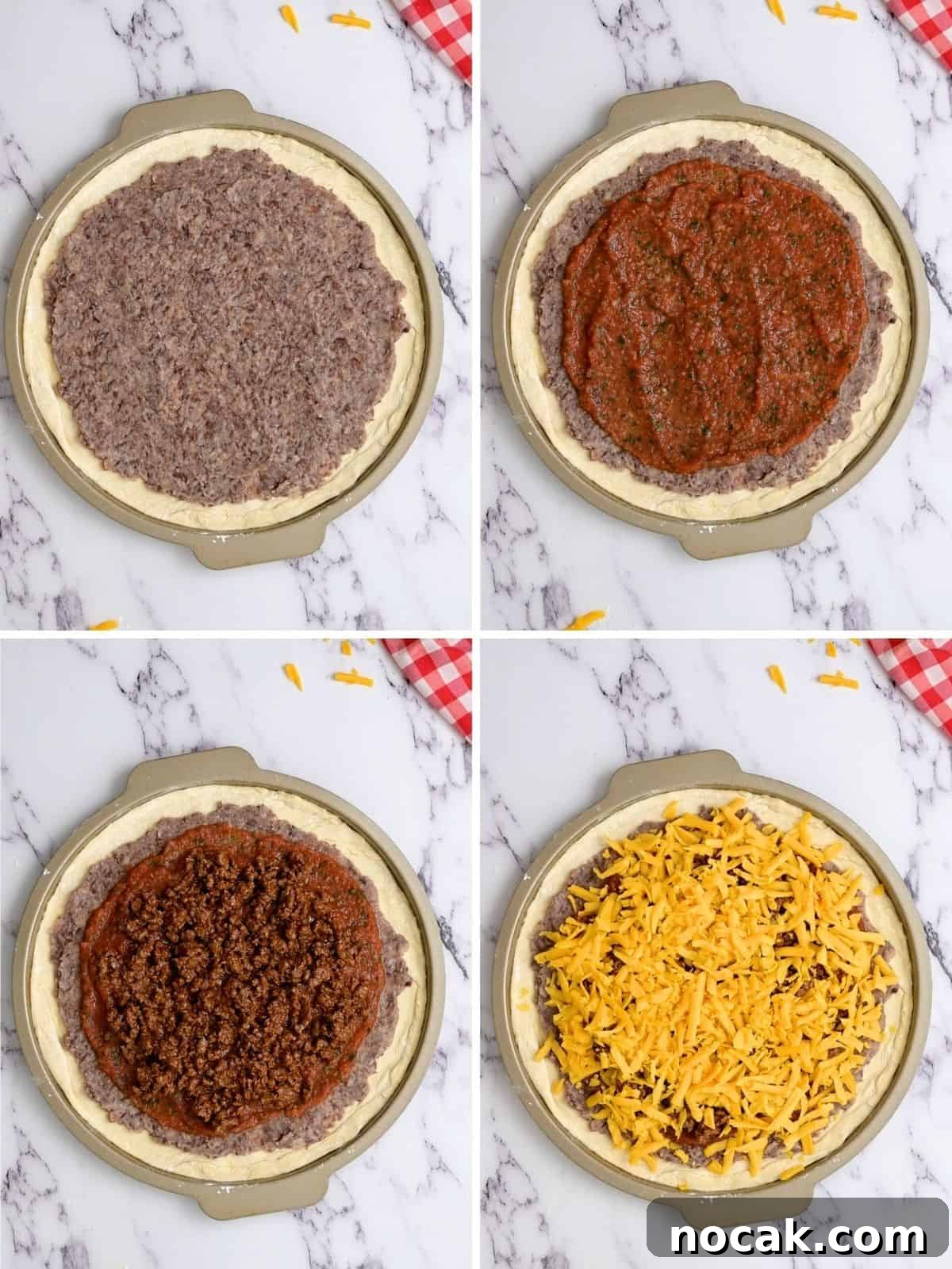 How to Make Taco Pizza Collage of 4 photos showing assembling taco pizza with layer of refried beans, salsa, taco meat, and shredded cheese.
