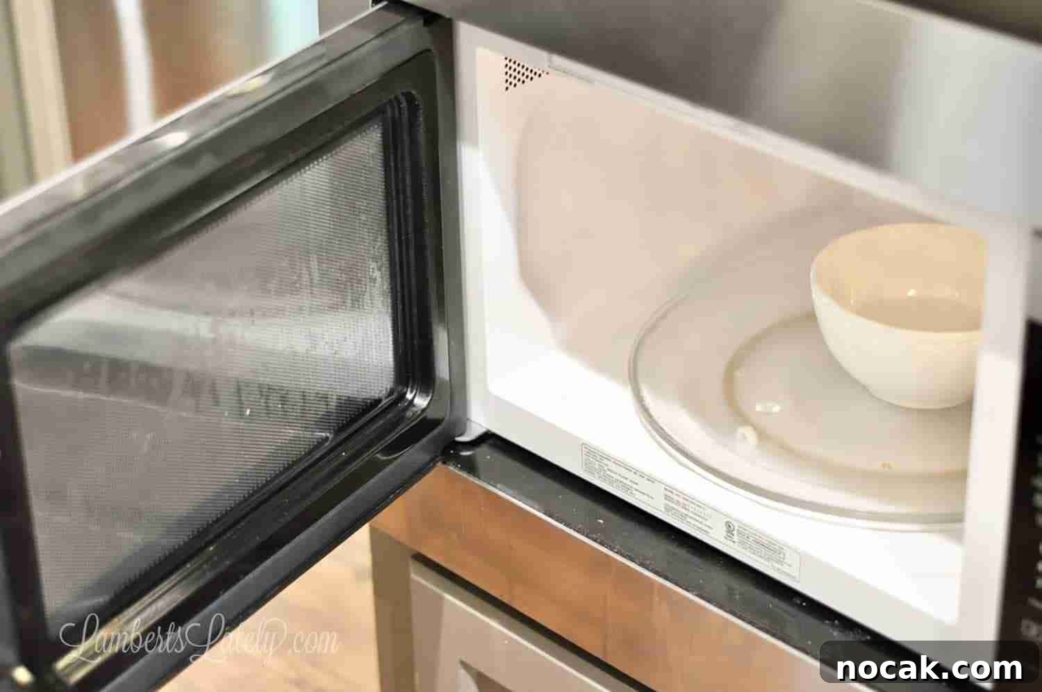 Clean Your Microwave Quickly Using Vinegar and Water 5 looking into a microwave with a bowl on turntable