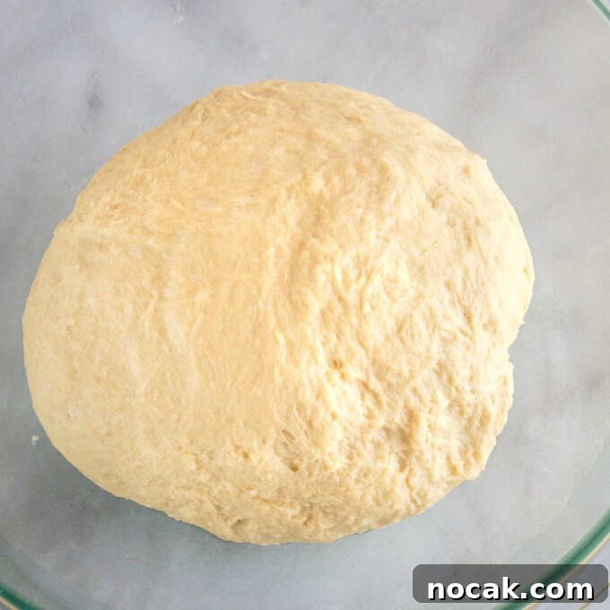 Homemade Apple Kolache Recipe with Video Tutorial 5 A ball of soft dough in a glass bowl.
