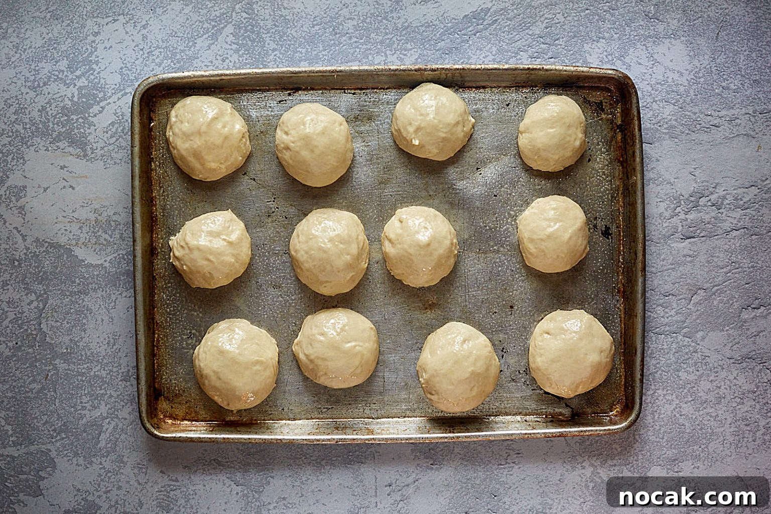 Homemade Apple Kolache Recipe with Video Tutorial 7 soft kolache dough formed into individual rolls on a sheet pan