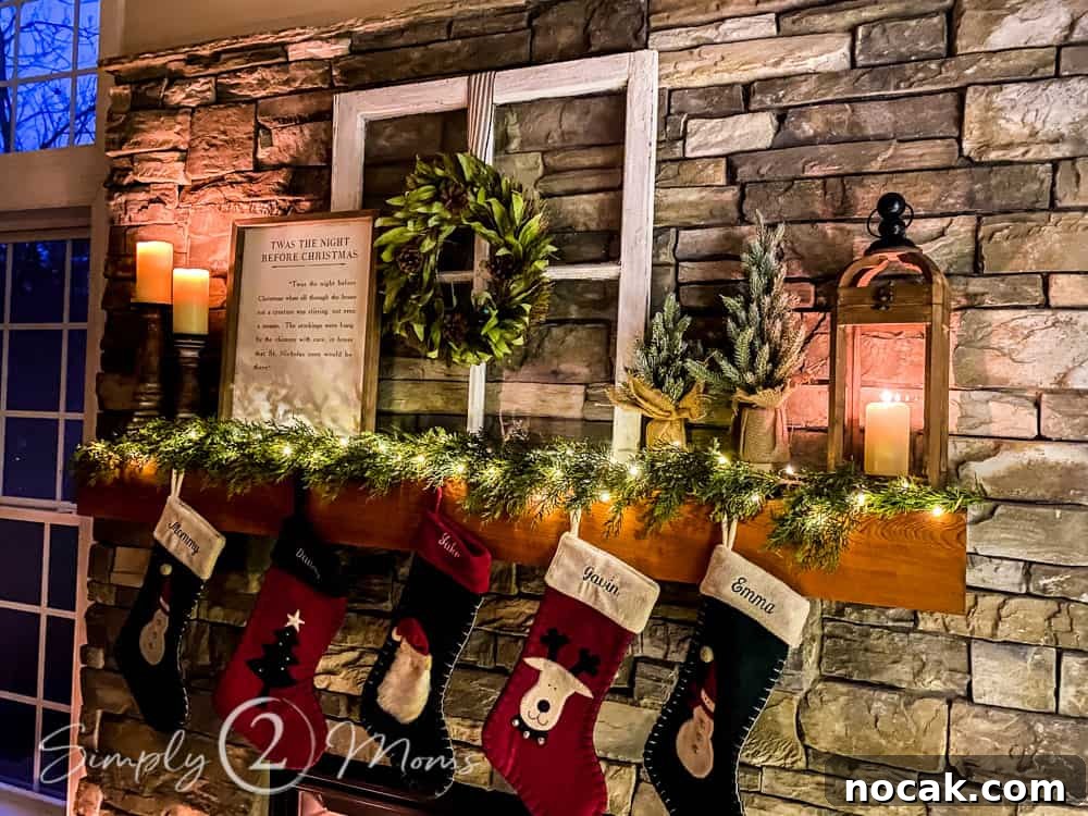 close up of farmhouse Christmas tree mantel