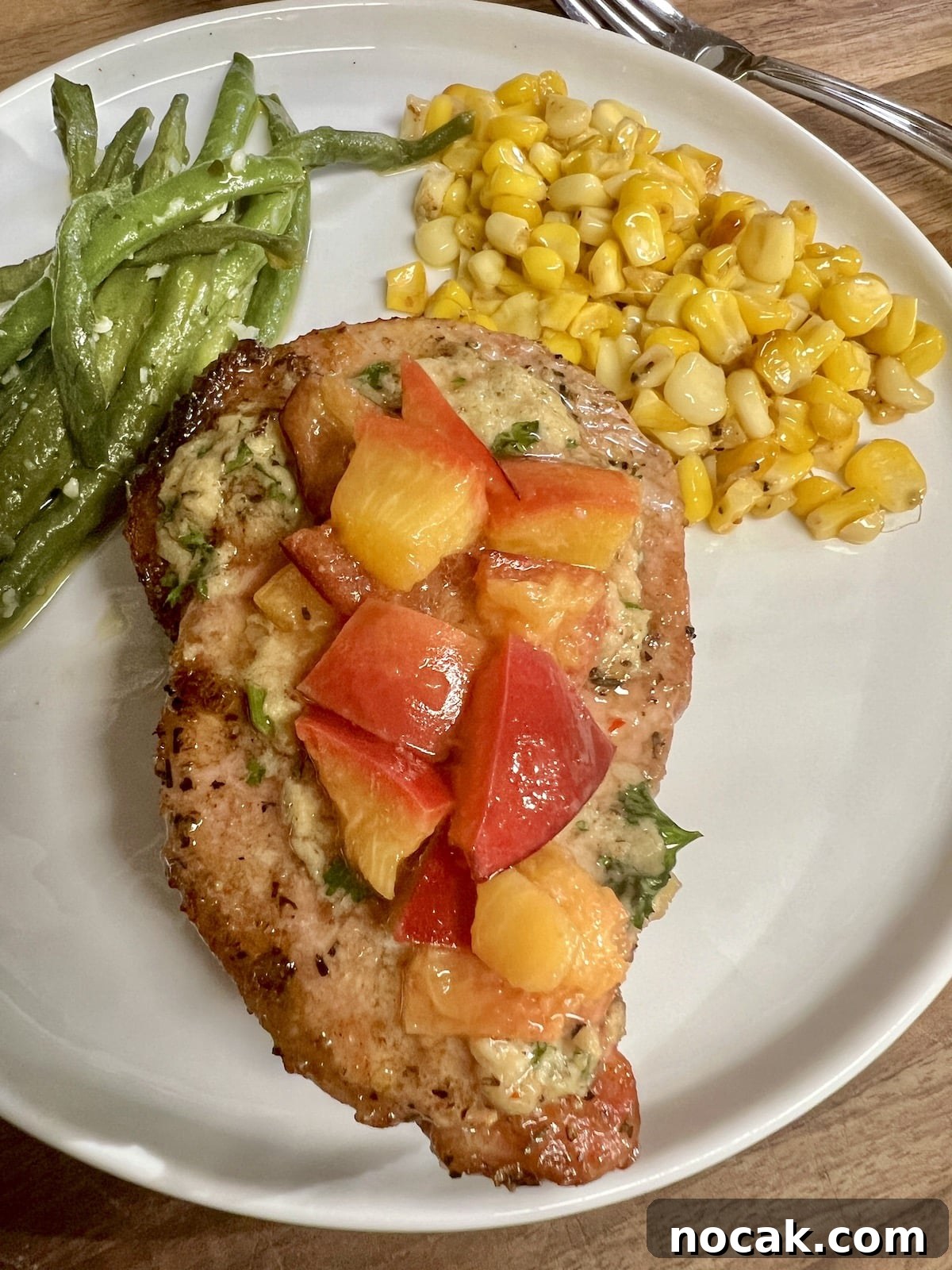 Grilled pork chops topped with grilled peaches. Pork chop with grilled peaches on a plate with corn and green beans.