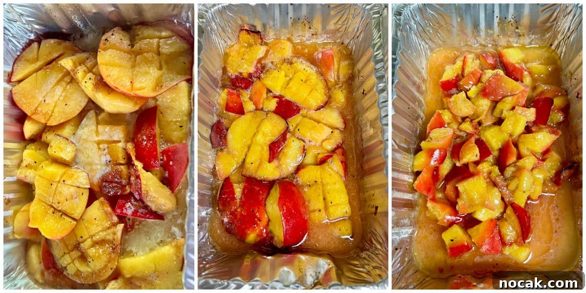 How to grill peaches. Foil pan with grilled peaches.