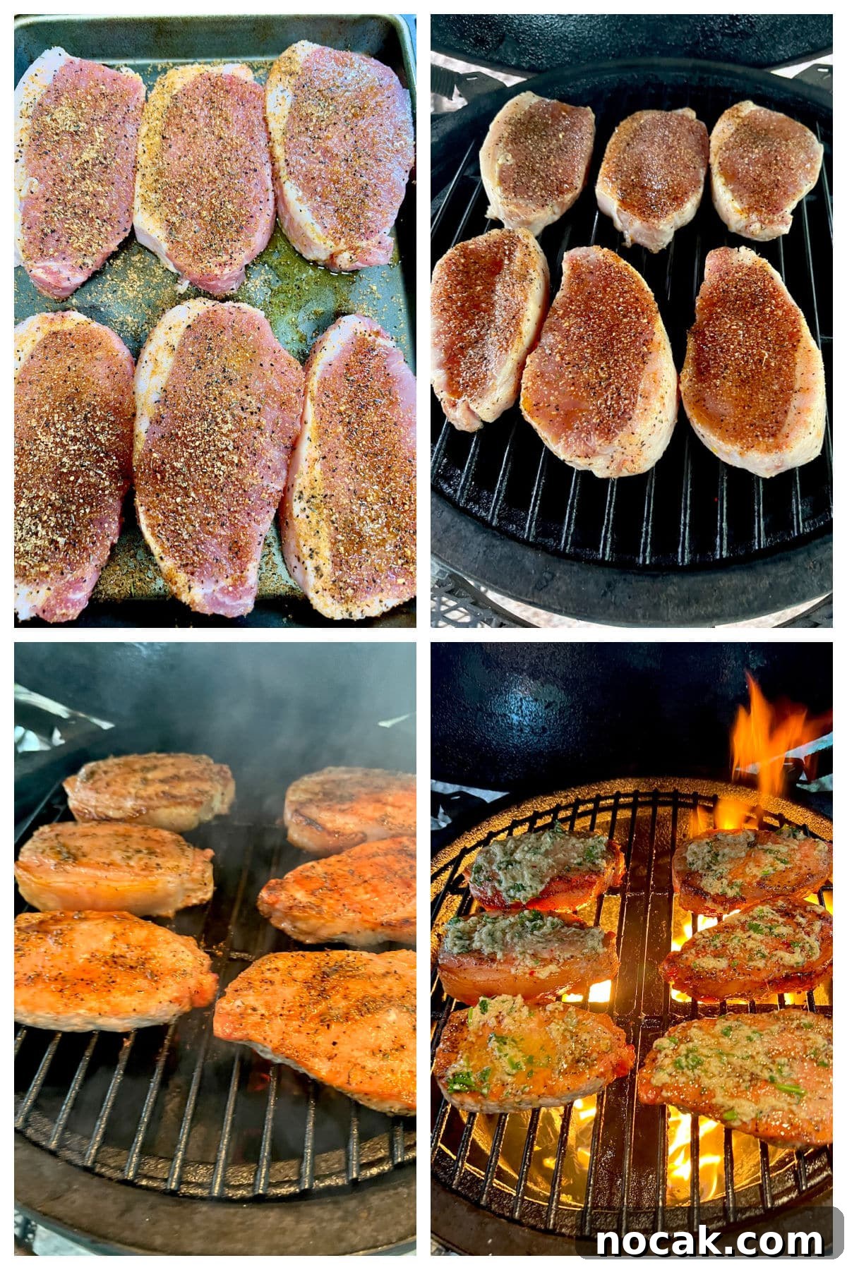Cowboy butter pork chops on the grill. Collage grilling pork chops with cowboy butter.