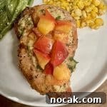 Grilled Pork Chops with Caramelized Peaches and Herb Pan Sauce 2 Pork chop with grilled peaches.