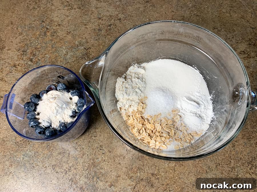 Blueberry Banana Oat Muffins for Quick Breakfast 5 Blueberries and flour in a cup and flour, sugar, oatmeal, salt and baking powder in mixing bowl