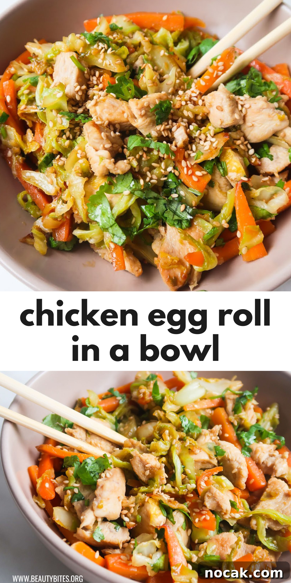 Chicken Egg Roll Bowl: Flavorful Low-Carb Stir-Fry Bowl 9 You are going to want to eat this healthy egg roll in a bowl every single day! This deconstructed version of an egg roll is made with chicken and is the perfect low-carb high-protein one-pan dinner recipe. Ready in about 20 minutes, this chicken egg roll in a bowl recipe is easy to make, pretty cheap, dairy- and gluten-free.