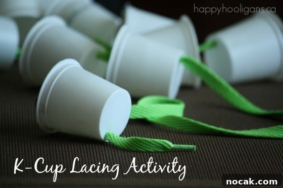 25 Clever Ways to Reuse Keurig K-Cups for Crafts & Home Use 3 k-cup lacing activity with shoelaces