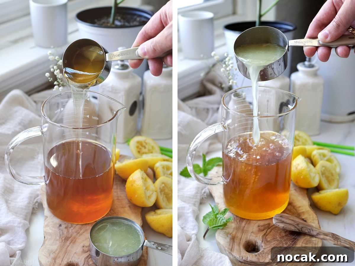 Refreshing Green Tea Lemonade with Fresh Lemon and Mint 5 Step by step process shots showing how to make a green tea lemonade at home.