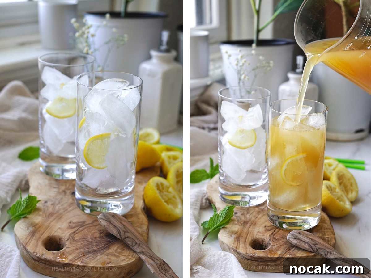 Refreshing Green Tea Lemonade with Fresh Lemon and Mint 7 Process shots showing how to serve the green tea lemonade - in tall glasses over ice.