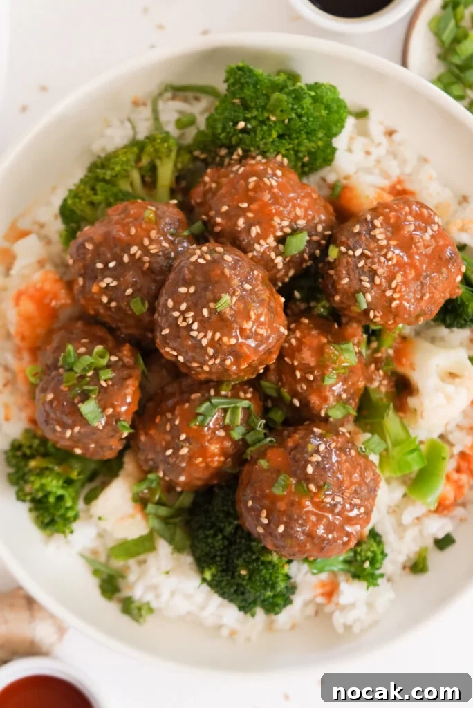 Spicy Firecracker Meatballs with Sweet Chili Glaze 2 flatlay shot of firecracker meatballs with rice and veggies.
