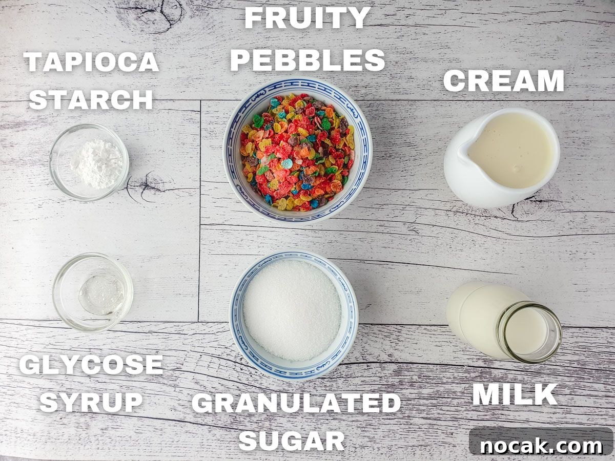 Fruity Pebbles Ice Cream Recipe: Nostalgic Cereal Ice Cream Treat 3 Ingredients: Fruity Pebbles cereal, cream, milk, sugar, tapioca starch, glucose syrup.