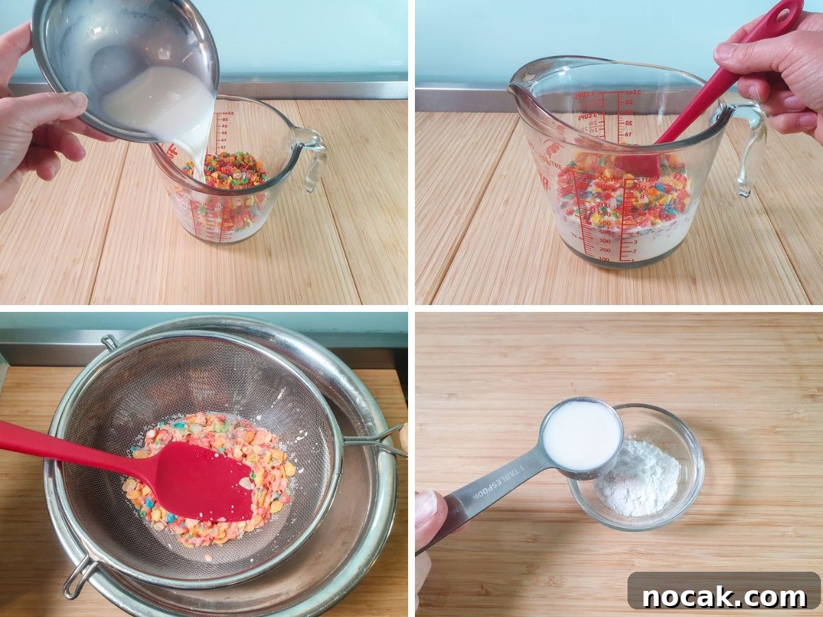 Fruity Pebbles Ice Cream Recipe: Nostalgic Cereal Ice Cream Treat 4 Process shots: adding milk to Fruity Pebbles cereal, stirring in cereal, straining infused cereal, adding milk to tapioca starch.