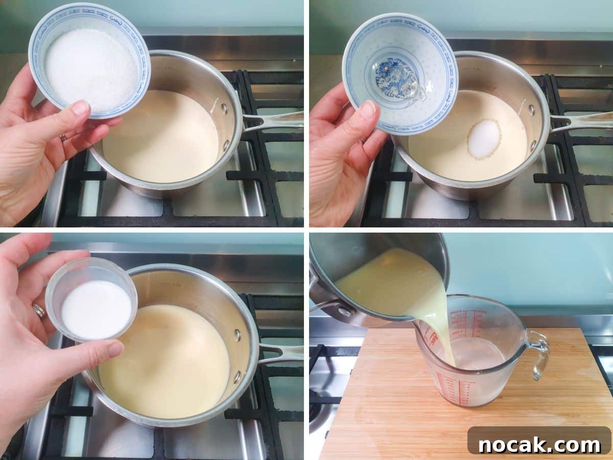 Fruity Pebbles Ice Cream Recipe: Nostalgic Cereal Ice Cream Treat 5 Process shots: adding cream, sugar, and glucose syrup to a small pot on stove before heating, adding tapioca starch slurry to heated mix. Adding cooled cream mix to Fruity Pebbles infused milk.