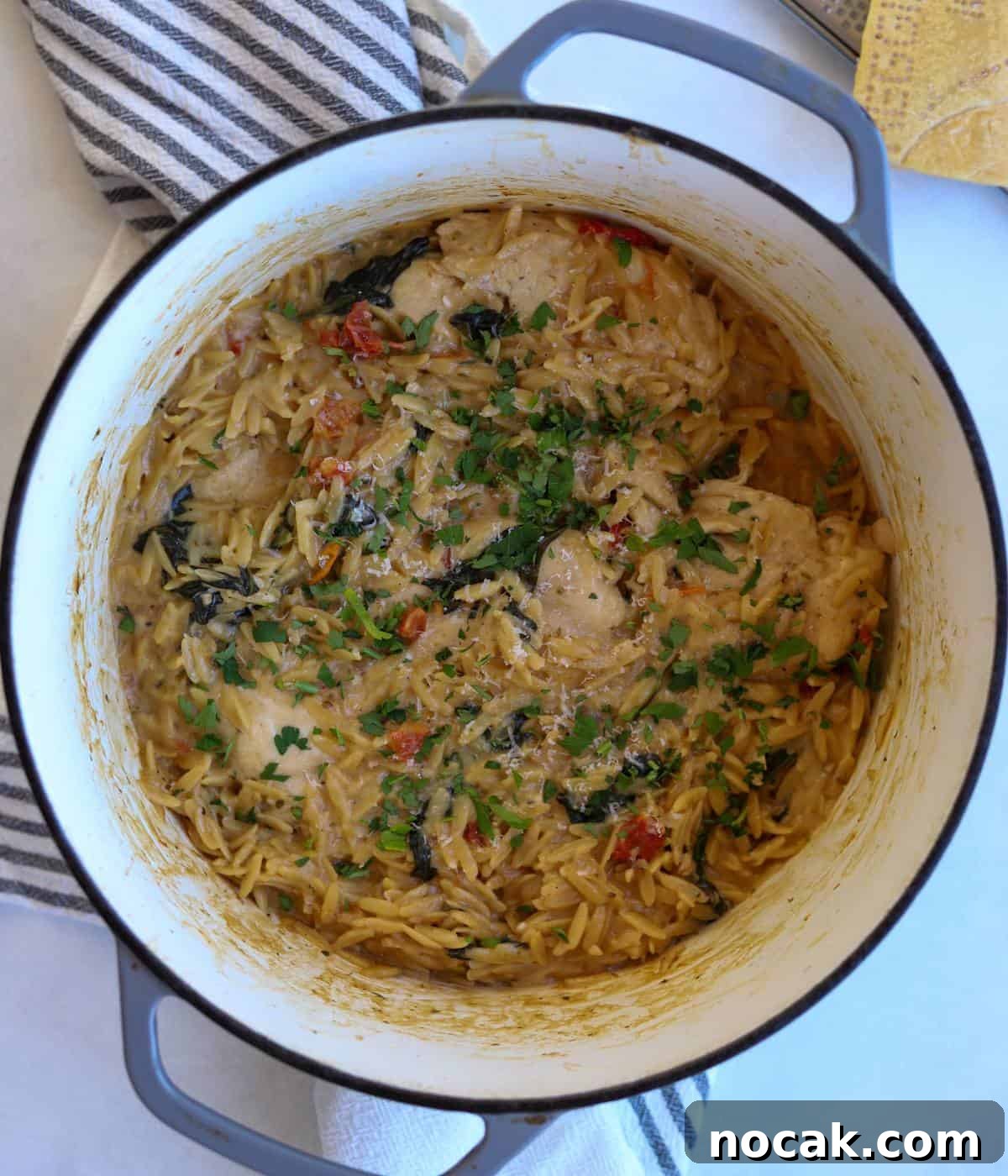 Creamy One-Pot Chicken and Orzo Bake: Comforting Weeknight Meal 12 Creamy chicken orzo in pot.