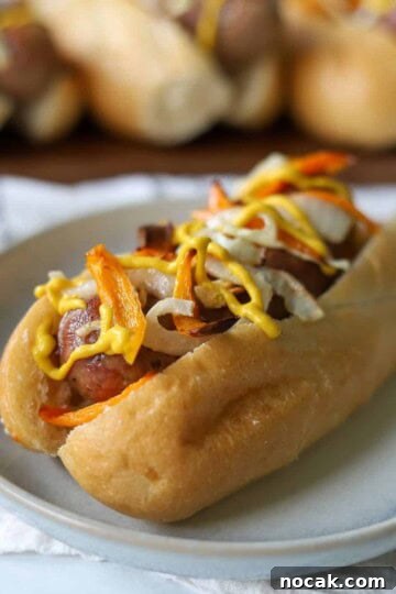 up close view of italian sausage on hoagie roll with toppings