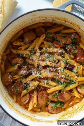 Kielbasa pasta in dutch oven.