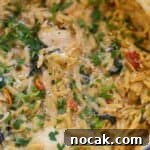 Chicken orzo with sundried tomatoes spinach in pot.