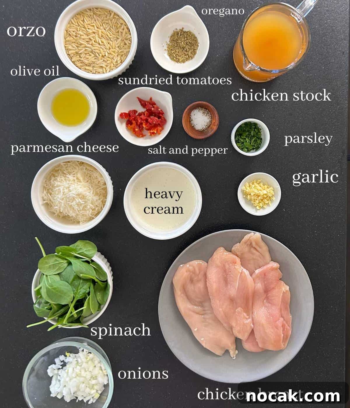 Creamy One-Pot Chicken and Orzo Bake: Comforting Weeknight Meal 3 Ingredients for chicken orzo bake on countertop.