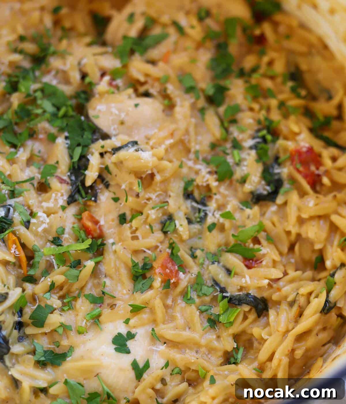 Creamy One-Pot Chicken and Orzo Bake: Comforting Weeknight Meal 4 Chicken orzo with sundried tomatoes spinach in pot.