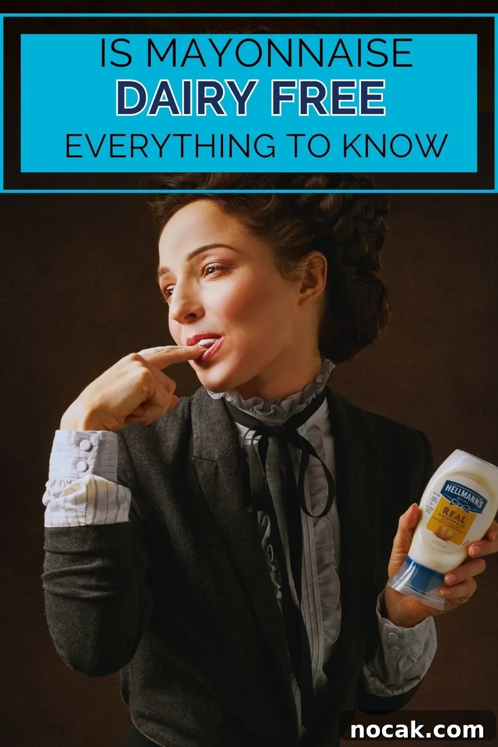 Is Mayonnaise Dairy-Free? What’s Actually in Your Mayo 4 A lady licking mayo off her finger holding a jar of mayo with text overlay.
