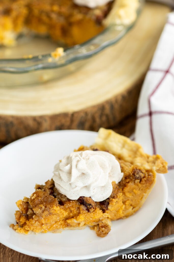 Southern Sweet Potato Pie with Crunchy Crumble Topping 4 A piece of southern sweet potato pie with a brown sugar pecan crumble on top and a swirl of whipped cream sitting on a small plate with the remaining pie sitting behind it.