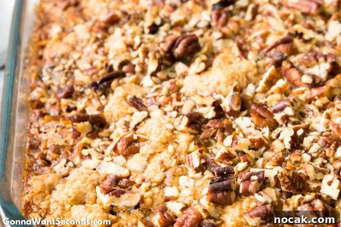 Pecan Pie Cobbler brings together the ooey gooey filling of pecan pie with the decadent cake-like topping of your favorite cobbler! It’s to die for delish! #Pecans #PecanPie #Cobbler #Dessert Pecan Pie Cobbler in a casserole dish, close up