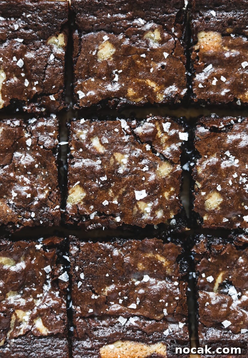 Browned Butter Blondies with Fudgy Brownie Swirls 2 Flatlay of browned butter blondie brownies with flaky sea salt.