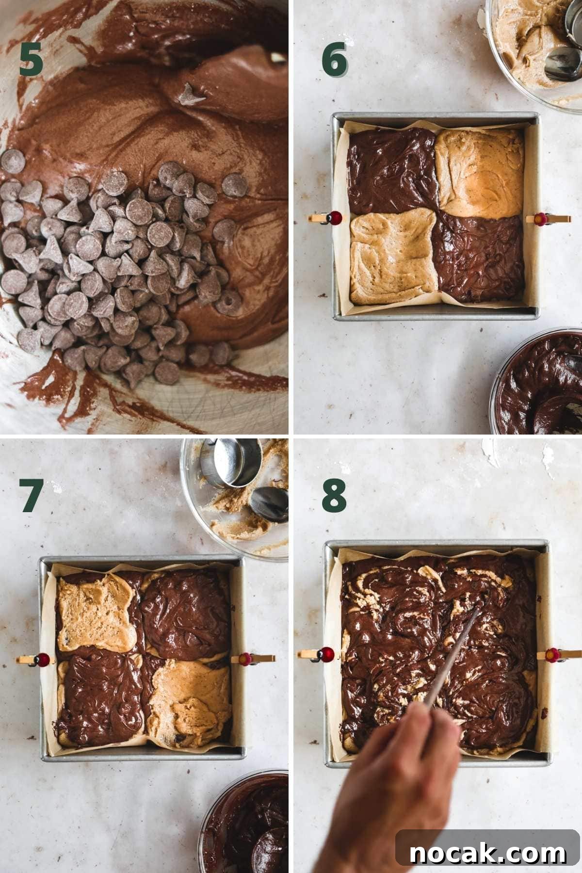 Browned Butter Blondies with Fudgy Brownie Swirls 5 Steps to layer batter and make marble swirl for browned butter brownie blondies.
