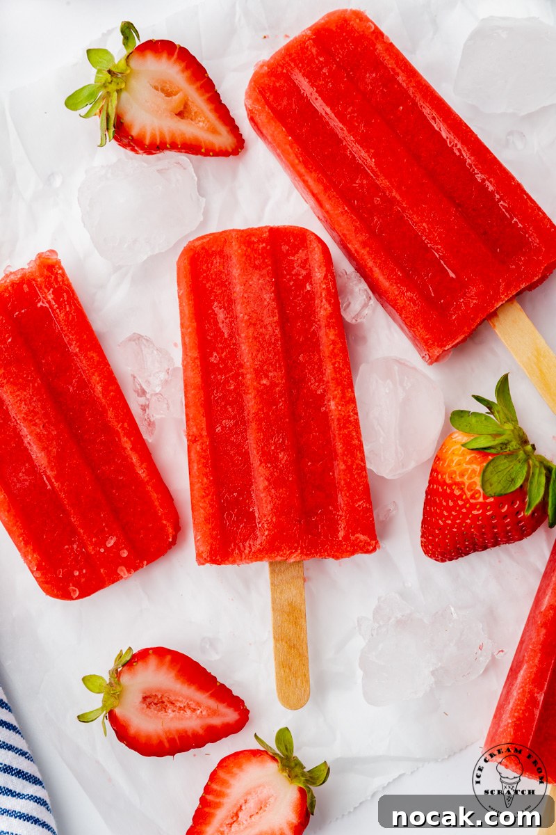 Homemade Strawberry Popsicles Recipe with Fresh Fruit 2 three strawberry popsicles on top of ice cubes with halved strawberries, viewed from above.