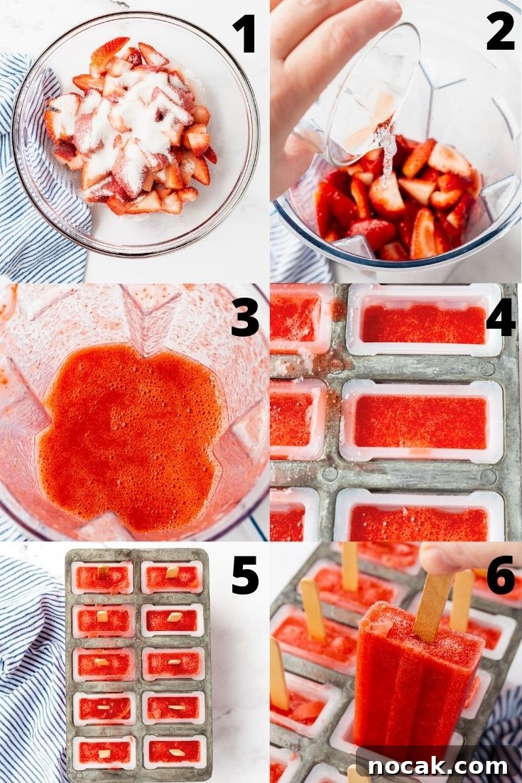 Homemade Strawberry Popsicles Recipe with Fresh Fruit 4 a collage of six images showing how to make homemade strawberry popsicles.