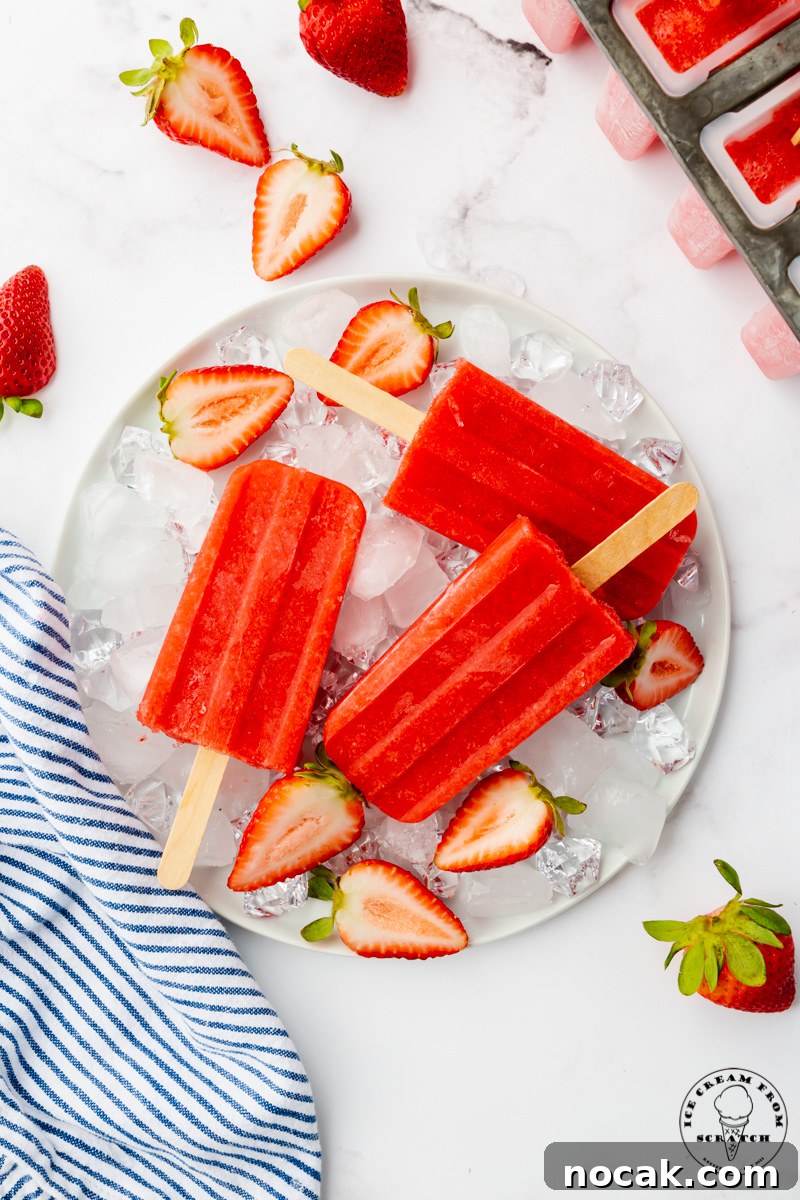 Homemade Strawberry Popsicles Recipe with Fresh Fruit 5 A round plate of ice topped with three homemade strawberry popsicles and halved berries.