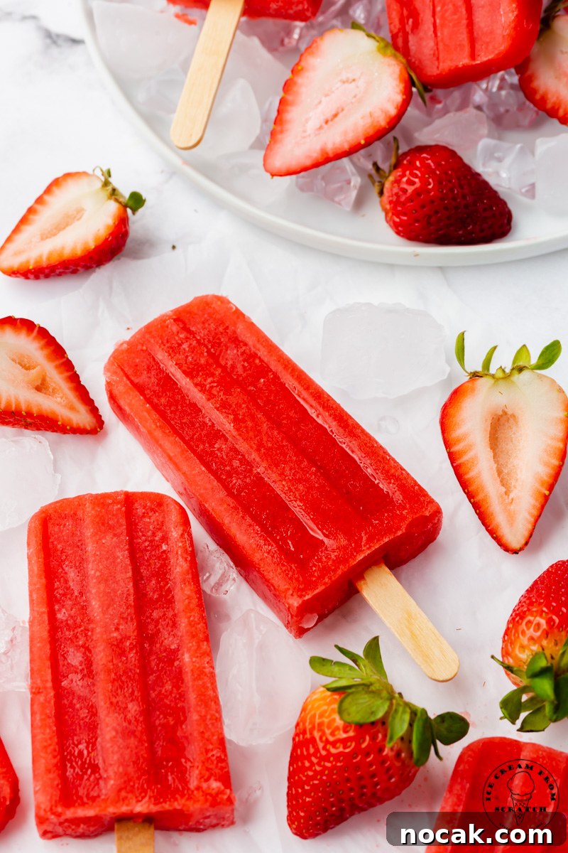 Homemade Strawberry Popsicles Recipe with Fresh Fruit 6 Two strawberry popsicles and fresh berries laid on a bed of ice cubes.