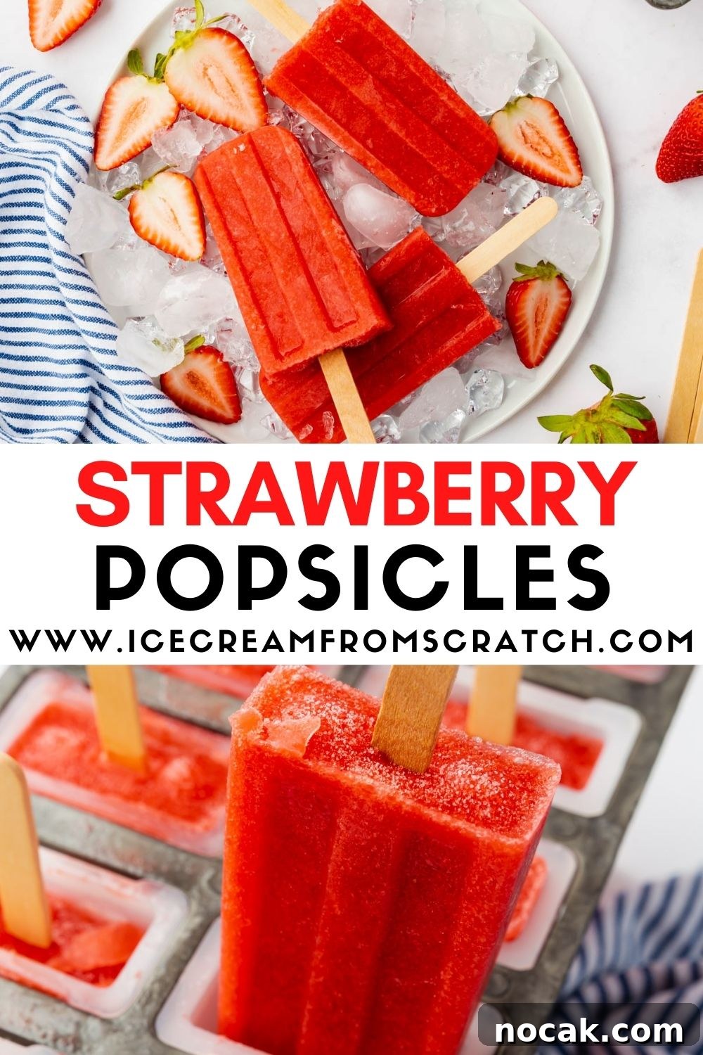 Homemade Strawberry Popsicles Recipe with Fresh Fruit 7 two different photos of homemade strawberry popsicles with wooden sticks. Text in center of image says, Strawberry Popsicles
