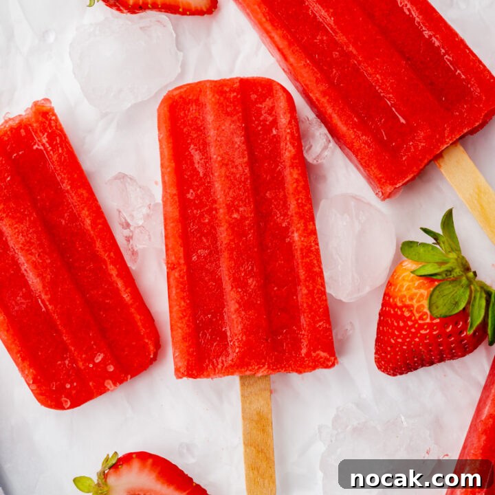 three strawberry popsicles on top of ice cubes with halved strawberries, viewed from above.