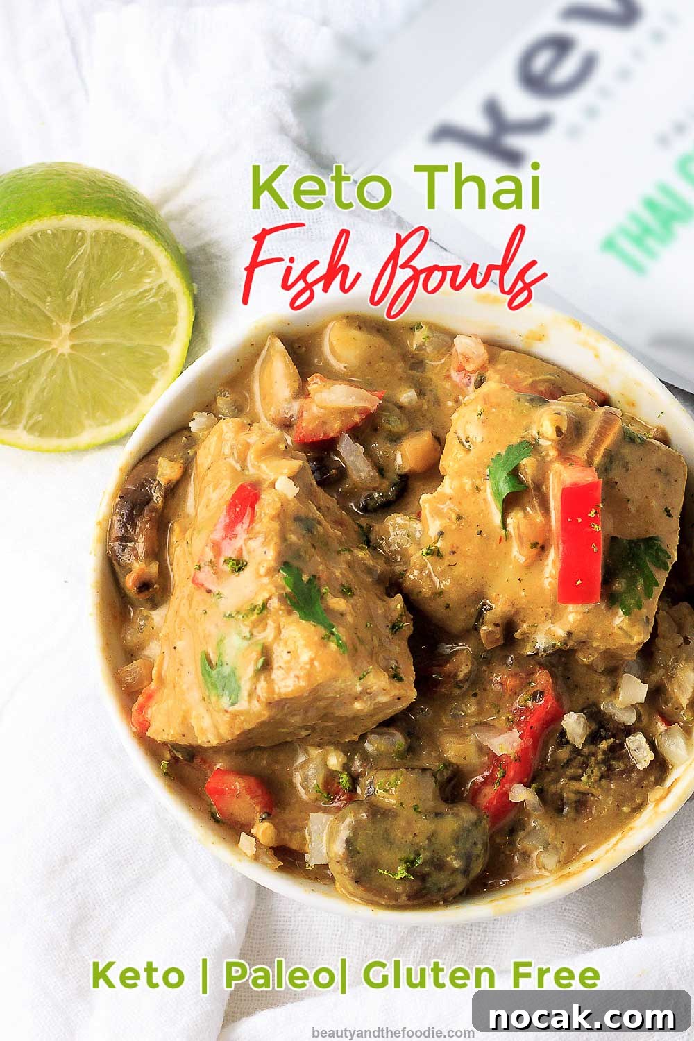 Keto Thai Fish Bowl Recipe: Low-Carb Coconut Curry Fish Bowls 2 A bowl of cauliflower rice with fish and Thai coconut sauce.