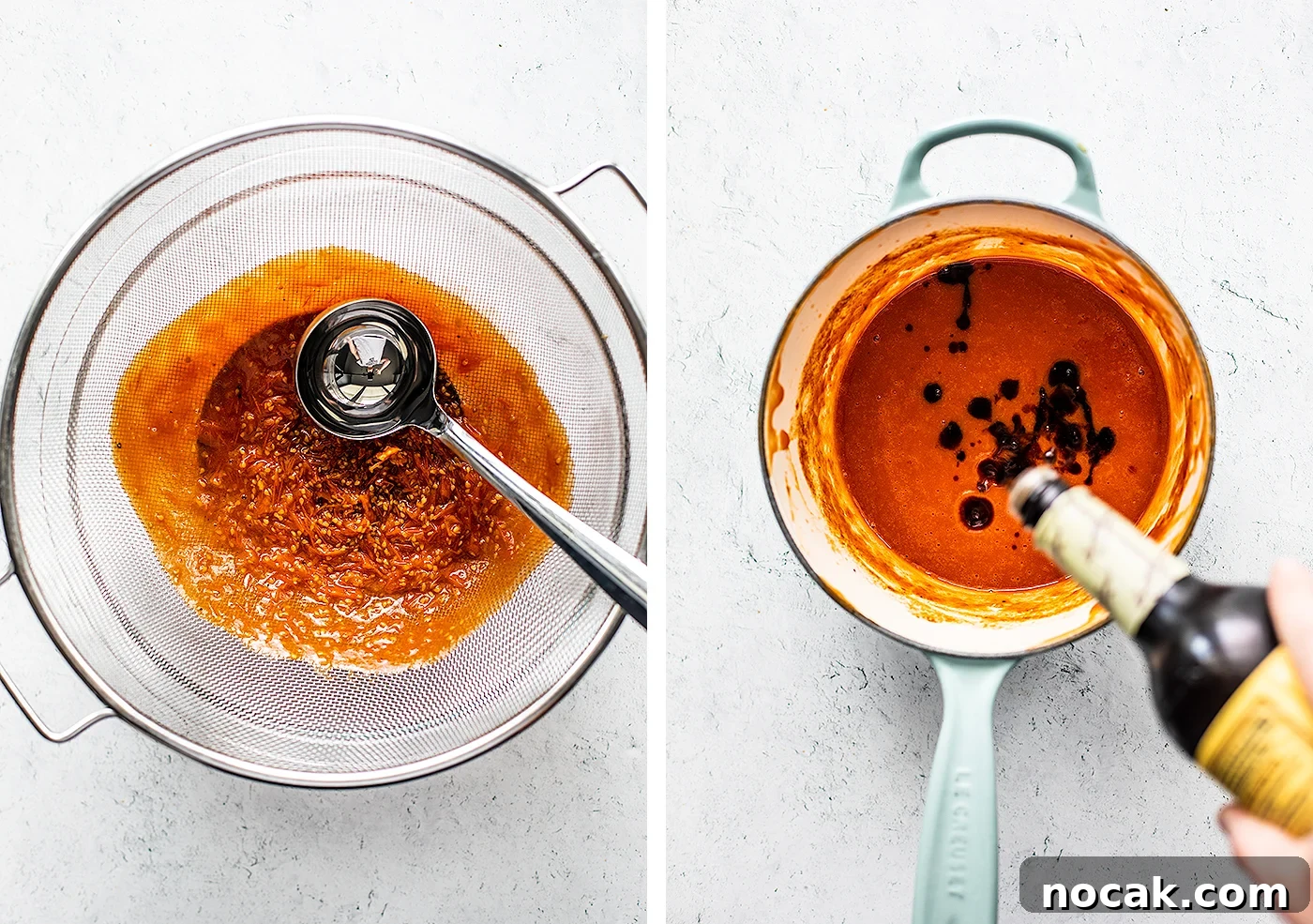 Homemade Ketchup Recipe: Simple from-Scratch Tomato Sauce 5 Tomatoes being crushed through a sieve and Worcestershire sauce being drizzled into ketchup.