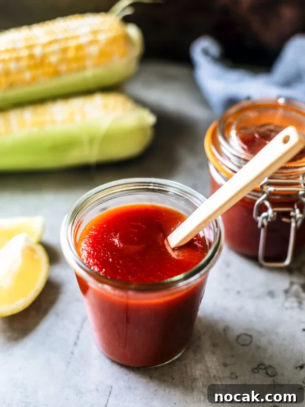 Homemade Ketchup Recipe: Simple from-Scratch Tomato Sauce 7 Jar of homemade BBQ sauce with a spoon in it with lemons and corn on the cob in the background.
