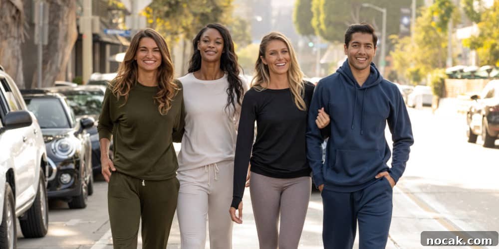 35 Ethical and Sustainable Loungewear Brands to Shop in 2024 12 Four people walking in a row down a road, all wearing different sweat suits.