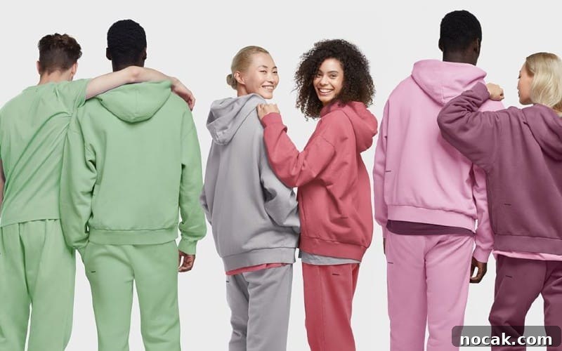 35 Ethical and Sustainable Loungewear Brands to Shop in 2024 13 Six people in a row wearing different colours of sweatshirts and sweatpants.