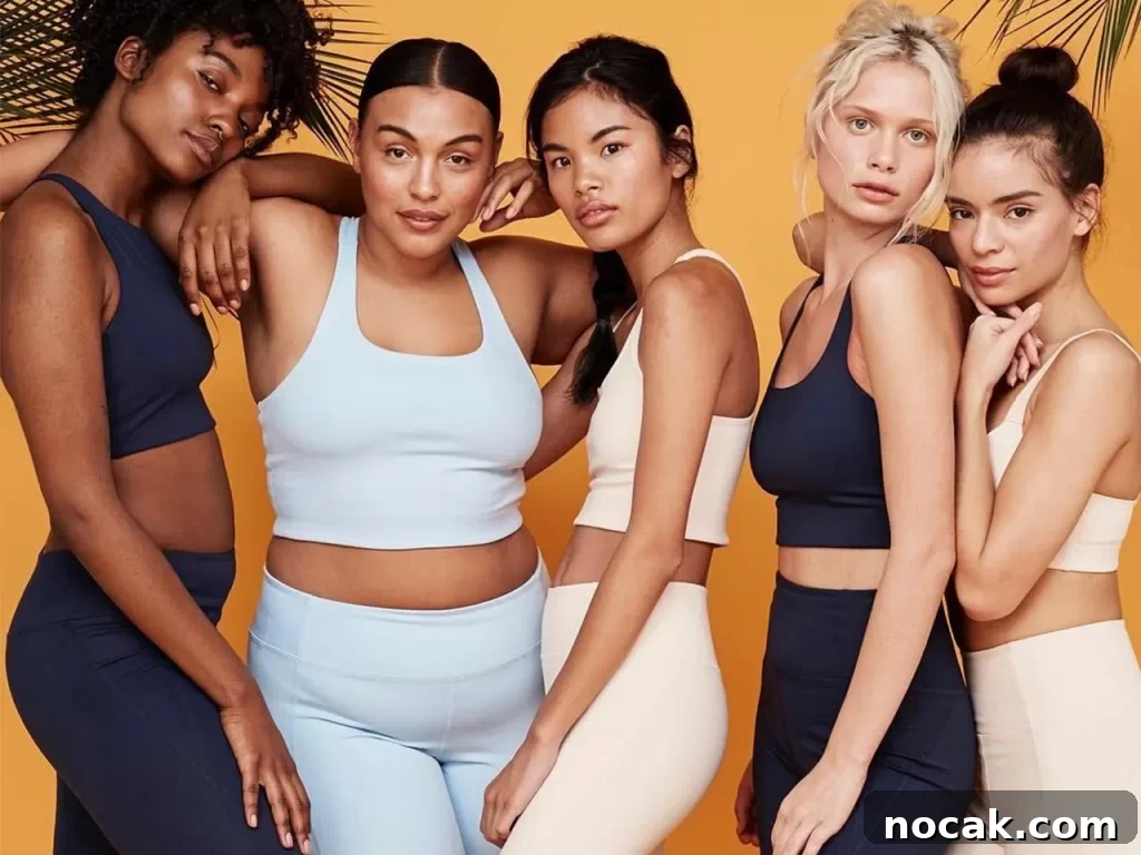 35 Ethical and Sustainable Loungewear Brands to Shop in 2024 18 A lineup of five girls all wearing different colours of sports bras and leggings.