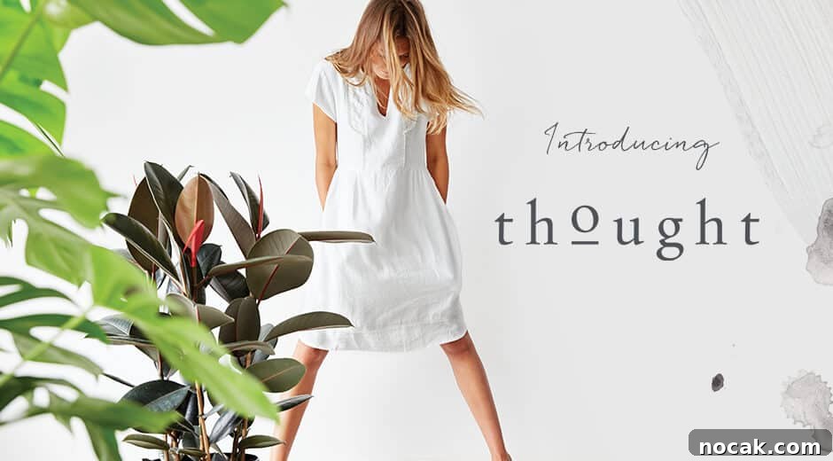 35 Ethical and Sustainable Loungewear Brands to Shop in 2024 3 A girl in a white dress with plants around her and the title 'Introducing Thought' beside her.