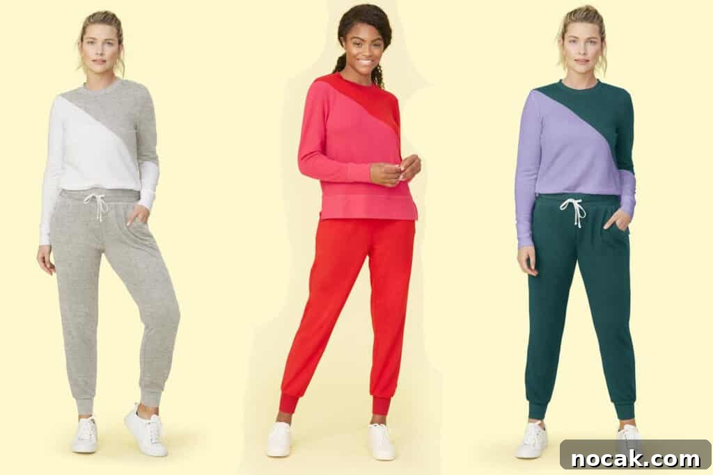 35 Ethical and Sustainable Loungewear Brands to Shop in 2024 21 Three girls wearing sweat suits in different colours.