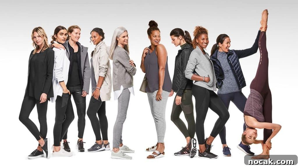 35 Ethical and Sustainable Loungewear Brands to Shop in 2024 5 A row of women wearing different styles of Athleta clothing.