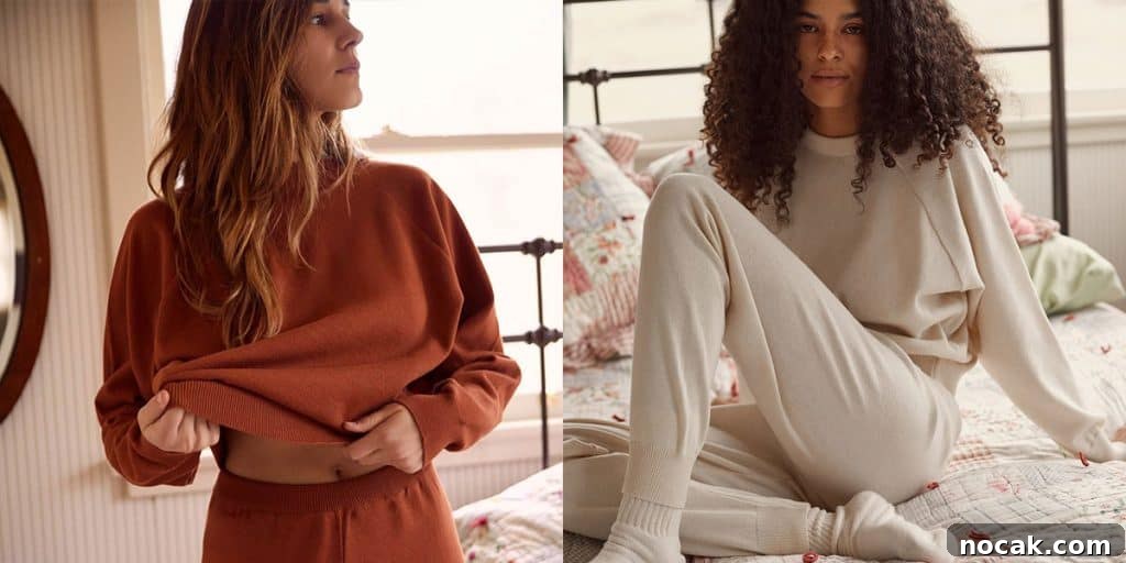 35 Ethical and Sustainable Loungewear Brands to Shop in 2024 7 Two girls wearing sweatshirts and sweatpants, one lying on a bed and one standing beside the bed.