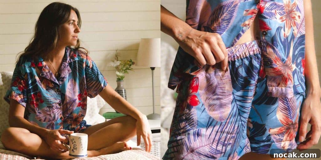 35 Ethical and Sustainable Loungewear Brands to Shop in 2024 9 A girl on a bed wearing a floral button up top and shorts.