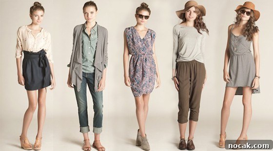 35 Ethical and Sustainable Loungewear Brands to Shop in 2024 10 A row of 5 girls wearing different clothes from Amour Vert including jeans, pants, dresses and skirts.
